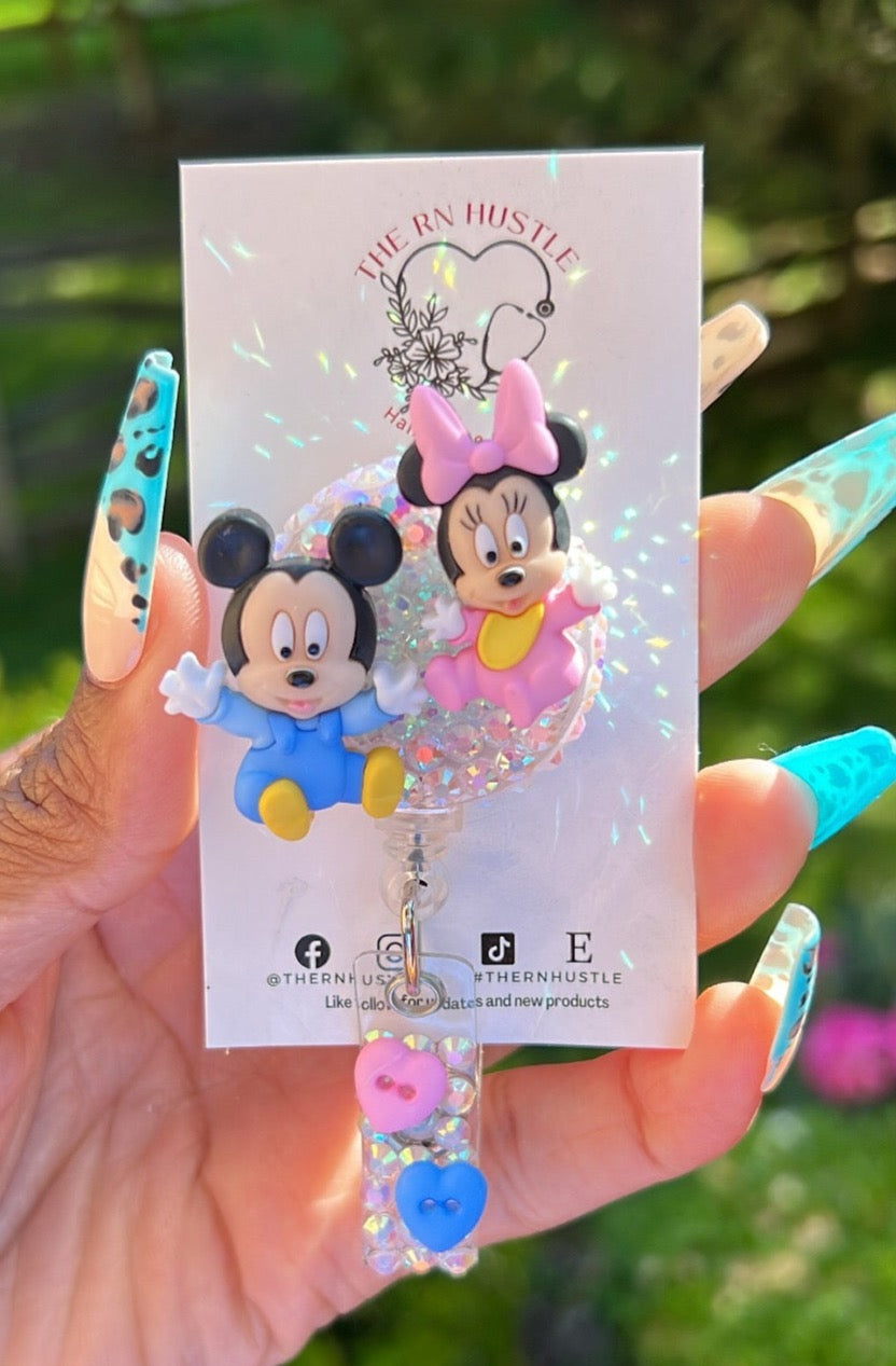 Baby Mickey and Minnie Rhinestone Badge Reel