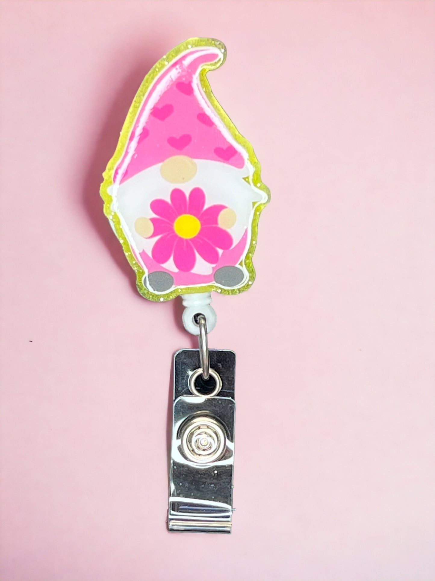 Pink Flower Gnome Badge Reel