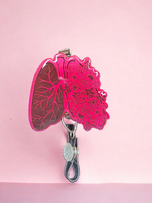 Floral Lungs Badge Reel in Hot Pink